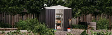 Sliding door shed with garden tools inside 