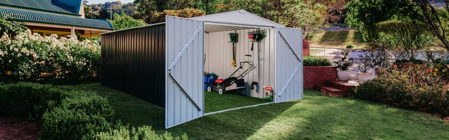 Garage shed with tools in a garden