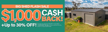 Mega Menu Banner Flash Sale $1,000 Cashback + Up To 30% Off Big Sheds