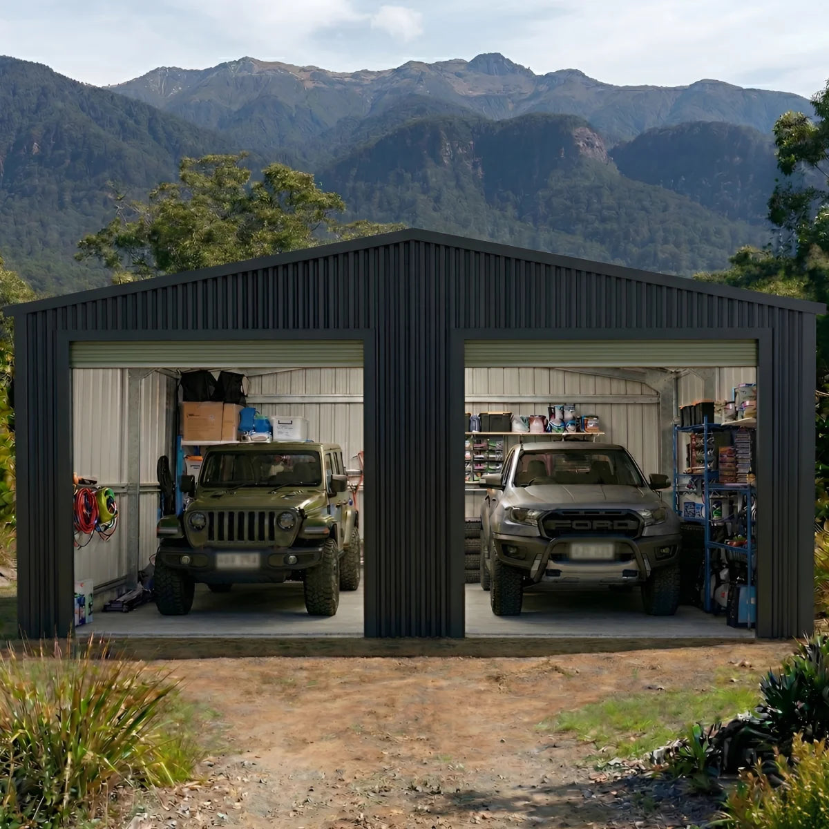 Double Garage Shed 6m x 6m x 2.4m - Mist Green/Monolith
