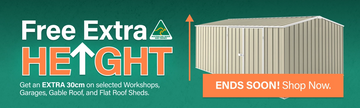 GardenShed Mega Menu Banner Free Extra Height Australian Made Week Sitewide Sale Ends Soon