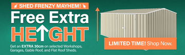 GardenShed Mega Menu Banner Free Extra Height Shed Frenzy Sitewide Sale