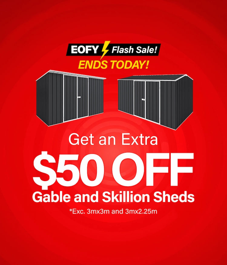$50 Off Gable & Skillion Roof Sheds Desktop Banner Ends Today