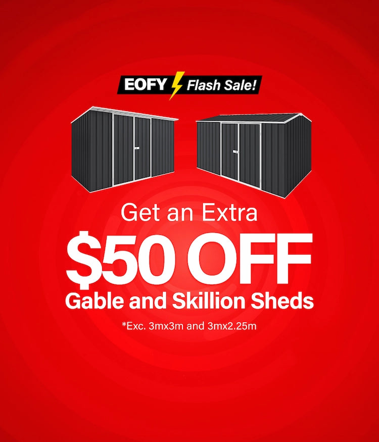 $50 Off Gable & Skillion Roof Sheds Desktop Banner 